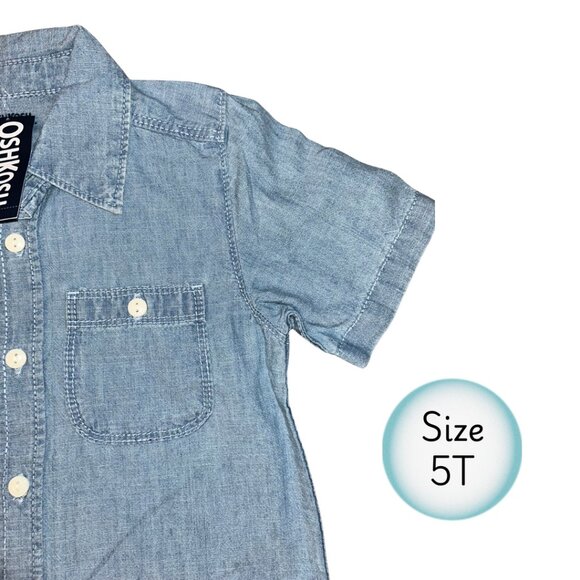 🍁3/$10 OshKosh Boys Chambray Denim Button Up Shirt Size 5T Short Sleeve Casual - Picture 8 of 10